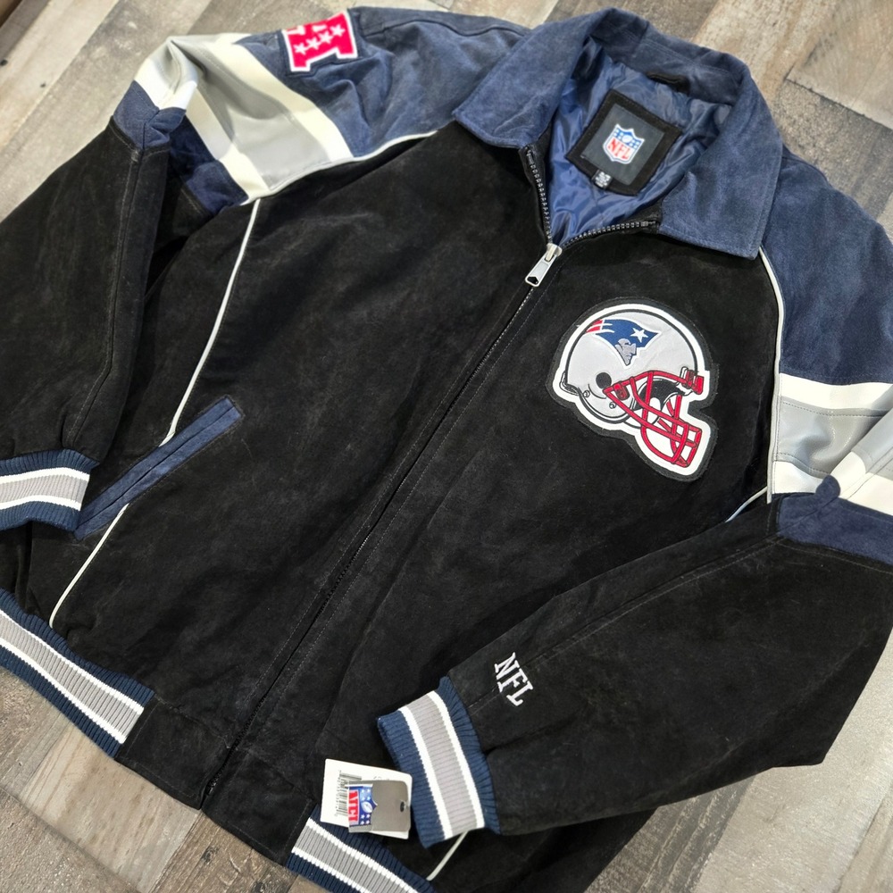 Vintage G-III New England Patriots Suede Leather Varsity Bomber Jacket NWT XL